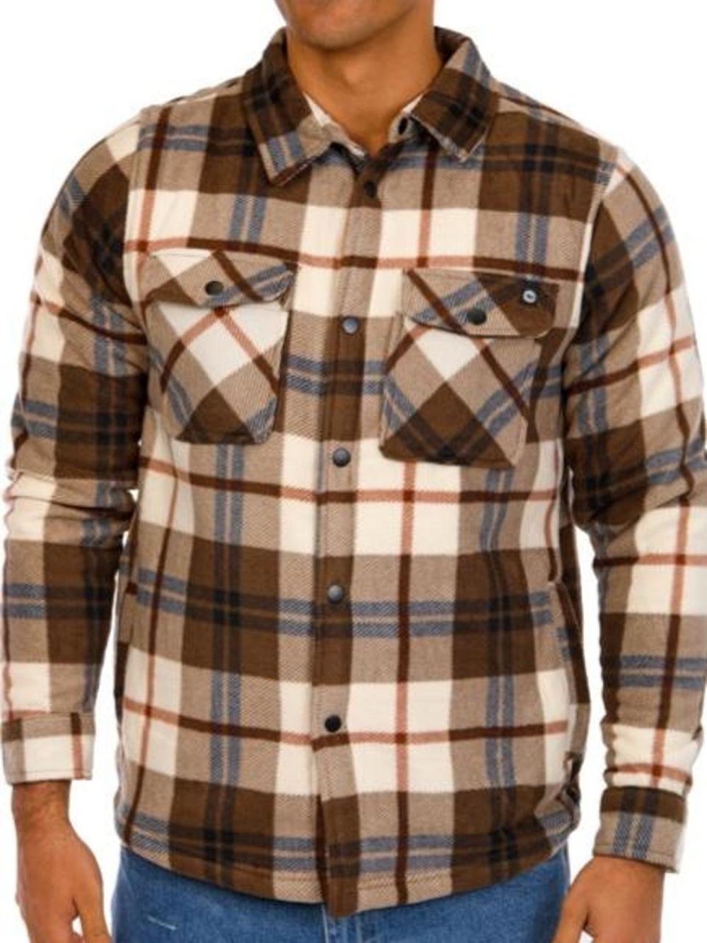 NWT Hi Tec brown, beige, and blue plaid Sherpa lined shacket Sizes S, M, L & XL